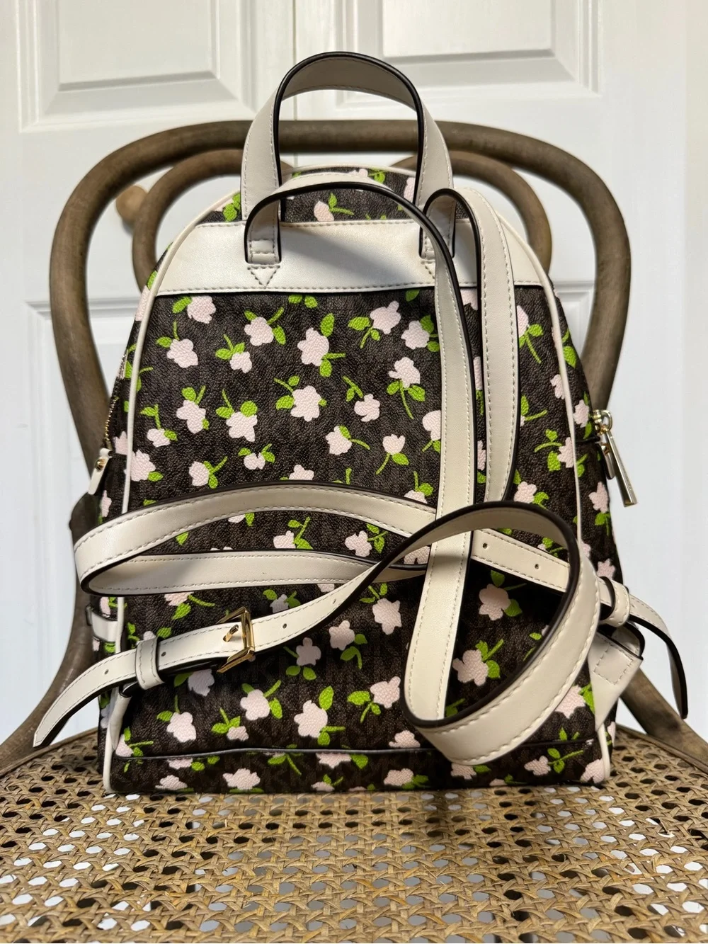 Michael Kors Brown Floral Mini Backpack with Pink Flowers & Green Leaves